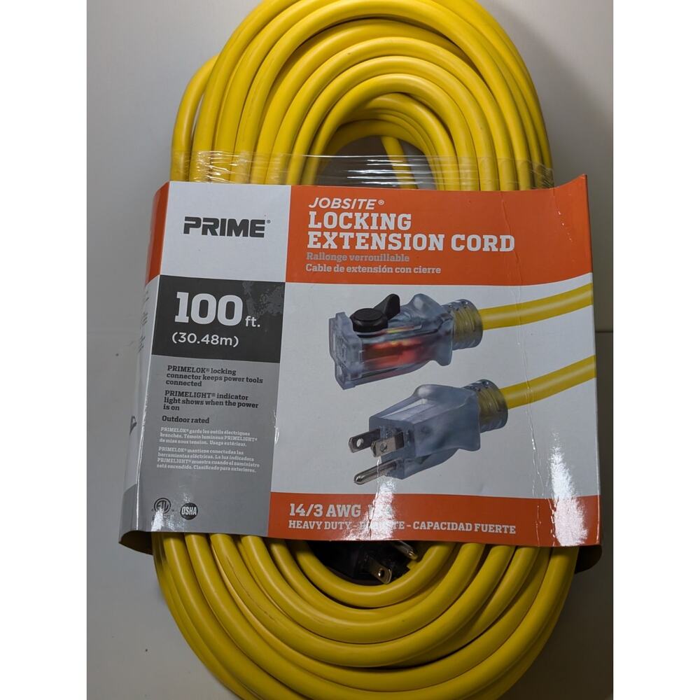 Prime 100 Ft 14/3 SJTW Jobsite Locking Extension Cord Yellow Lighted End New